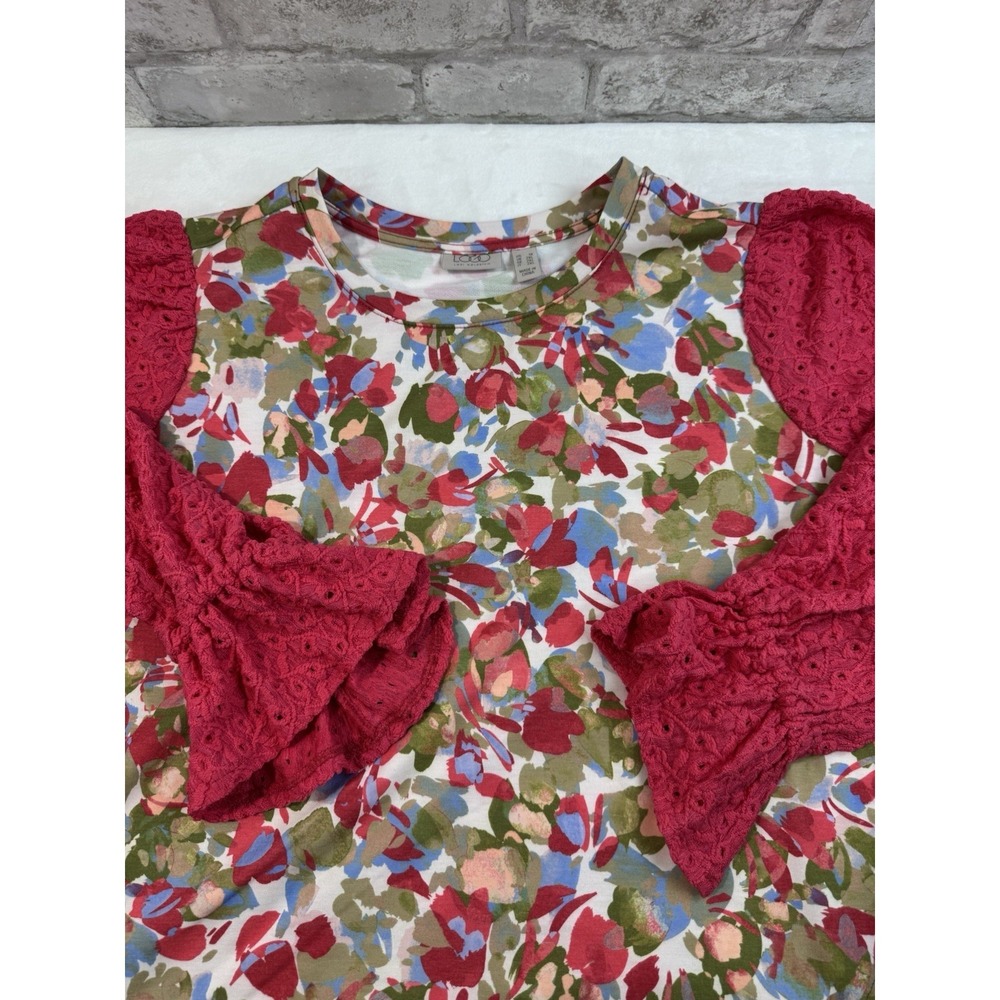 LOGO Lori Goldstein 3/4 Sleeve Top Eyelet Lace Sleeve Pink Rose Cloud Pockets 1x - Picture 3 of 13